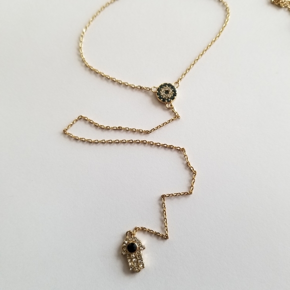 Evil eye hamsa hand Y necklace gold tone fine chain adjustable dainty - Picture 10 of 15